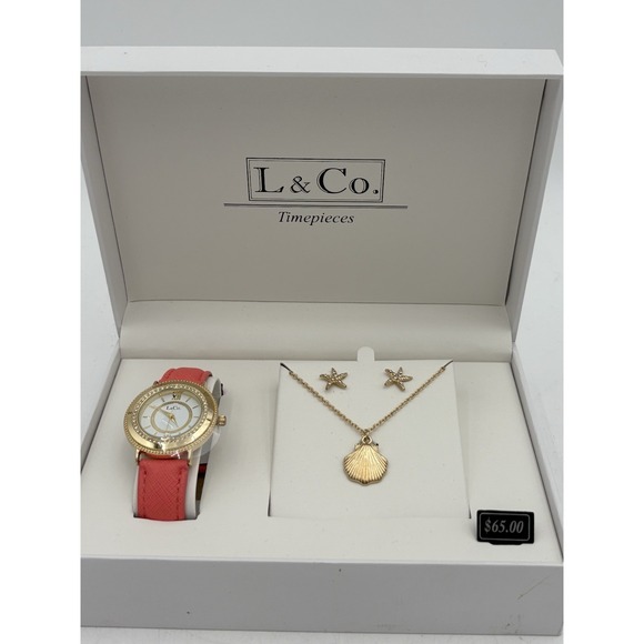L & Co. Women's Watch Necklace Earrings Set Coral Gold Tone Jewelry Seashell - Picture 1 of 5